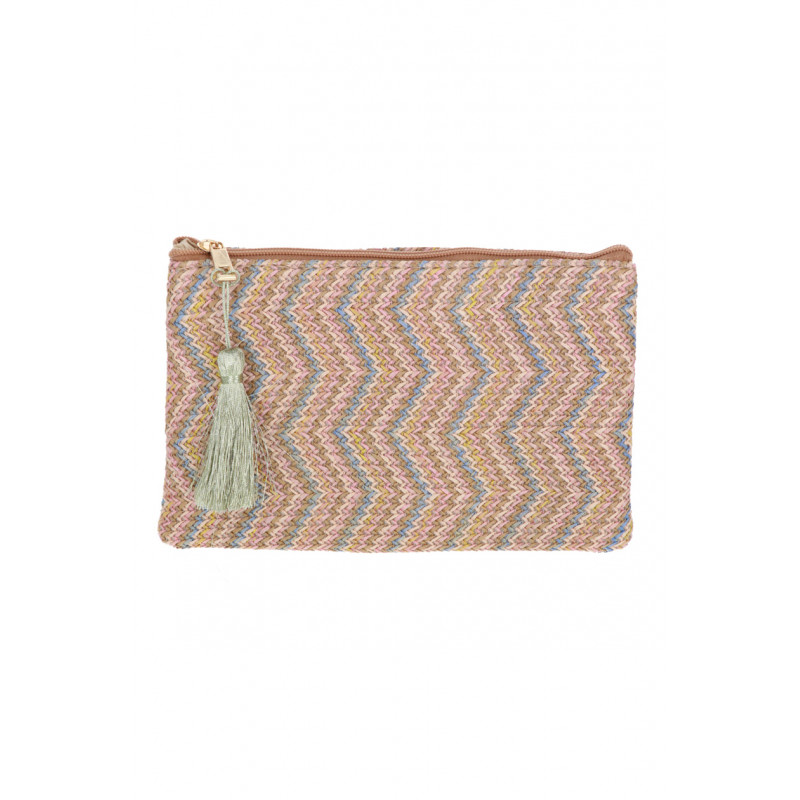 RAYA, RAFFIA POUCH/KIT WITH ZIGZAG PATTERN