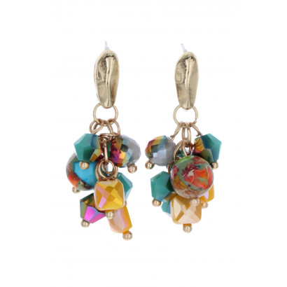 EARRINGS WITH FACETED BEADS, ROUND STONE