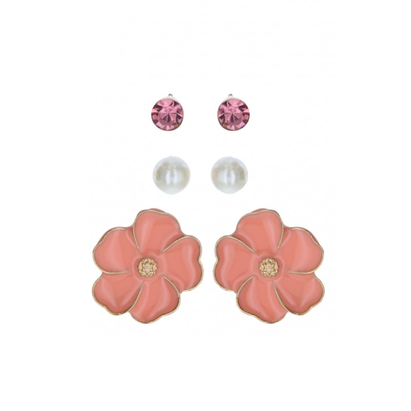 SET: 3 EARRINGS FLOWER SHAPE, PEARLS AND STRASS