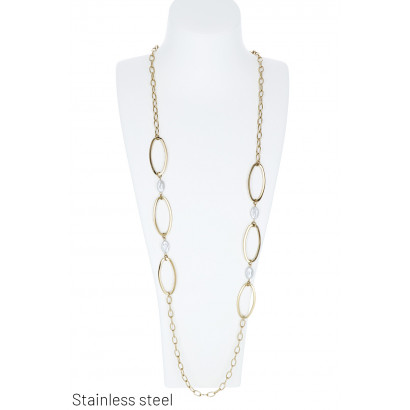 COLLIER ACIER LONG AVEC LIENS OVALES ET PERLES