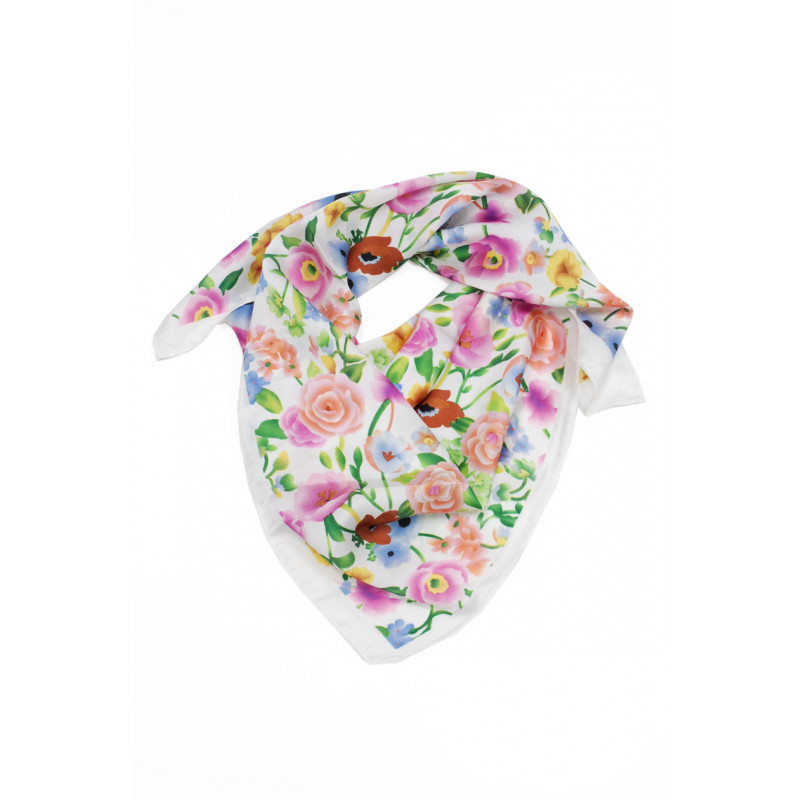 SQUARE POLYSILK SCARF WITH FLOWERS PATTERN