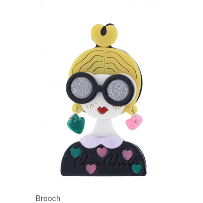 BROCHE AVEC DAME À LUNETTES, COEUR ET PAILLETTES