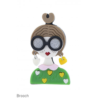 BROOCH WITH LADY WITH SUNGLASSES, HEART, GLITTERS