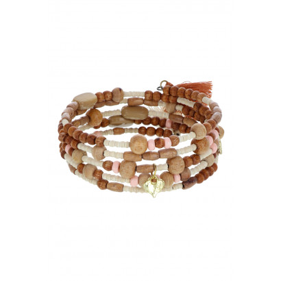 STRAKKE ARMBAND MULTIRIJEN MET HOUTEN KRALEN