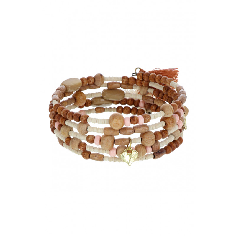 RIGID BRACELET MULTIROWS WITH WOOD BEADS, HEART