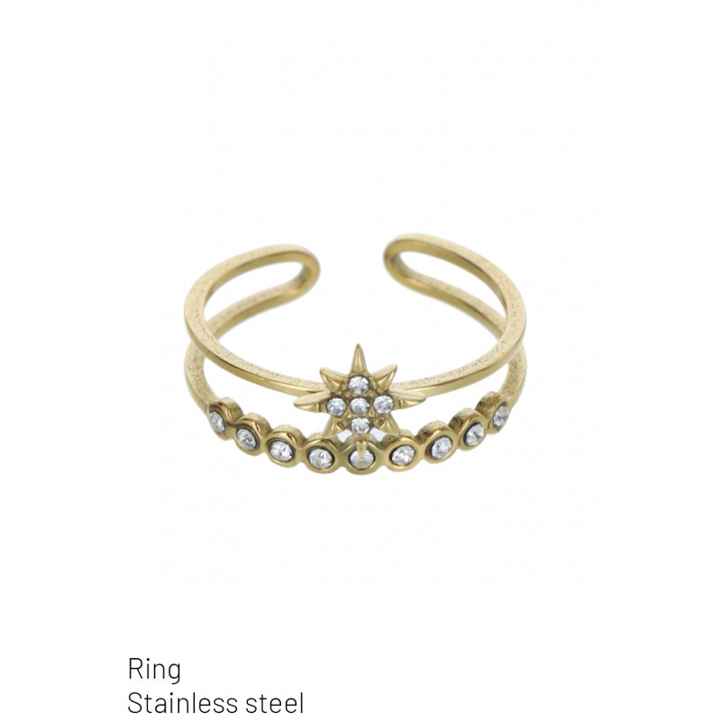 RING STAAL, 2 RIJEN MET STER EN STRASS