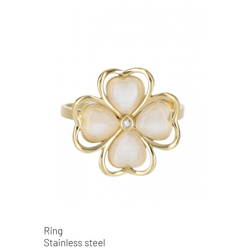 STAAL RING MET BLOEM, OGENSTEEN VAN KAT, STRASS