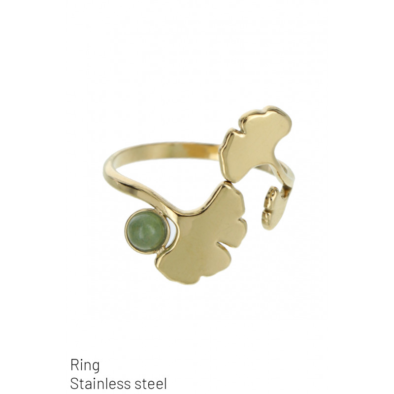 STAINLESS STEEL RING WITH GINKO LEAF & STONE