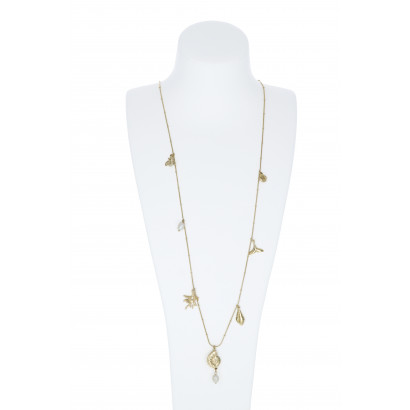 COLLIER ACIER LONG AVEC COQUILLAGE ET PERLES