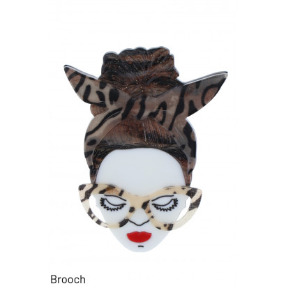 BROCHE AVEC DAME À LUNETTES, NOEUD DANS CHEVEUX