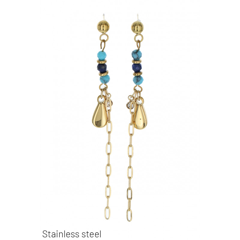 EARRINGS STEEL WITH CHAIN, DROP SHAPE & SEED BEADS