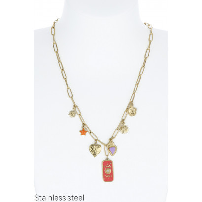 STAAL KETTING MET BEDELS, HART, ZON EN STER HANGER