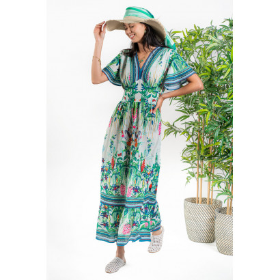 ROBE LONGUE IMPRIMÉ FLORAL, FEUILLES, PAPILLONS