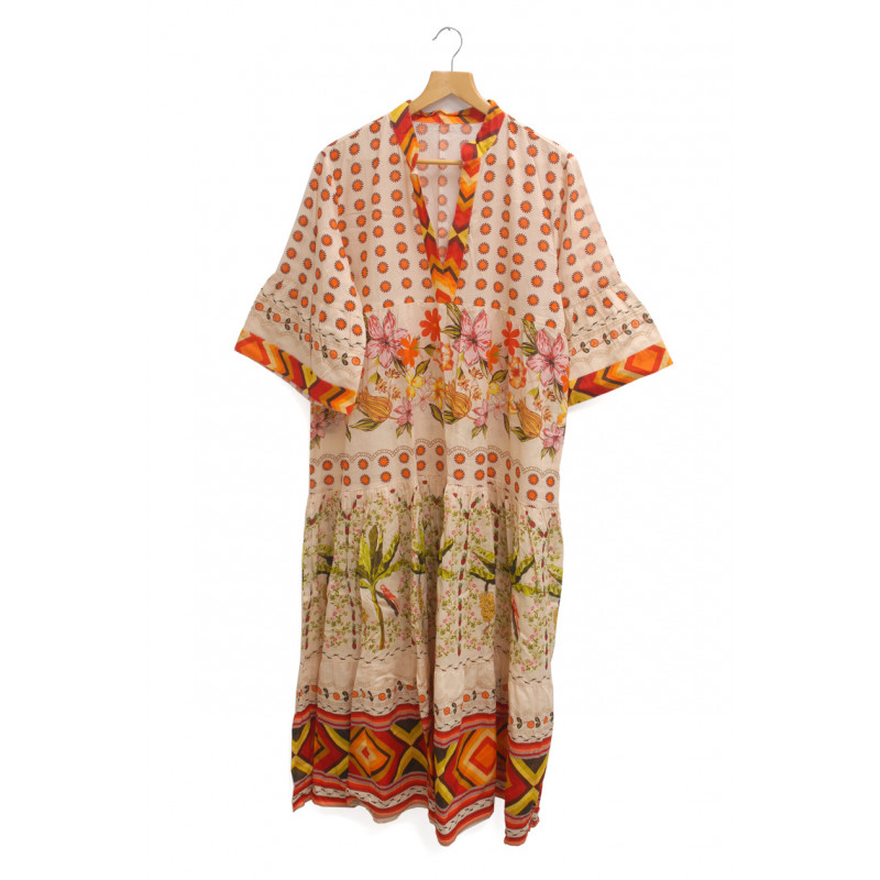 COTTON DRESS WITH FLOWER & GEOMETRIC PATTERN