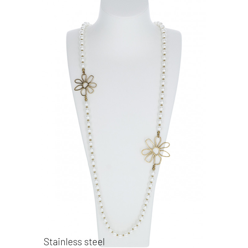 COLLIER ACIER LONG AVEC PENDENTIF FLEURS, PERLES