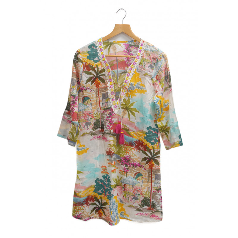 COTTON TUNIC WITH LANDSCAPE PATTERN & TASSELS