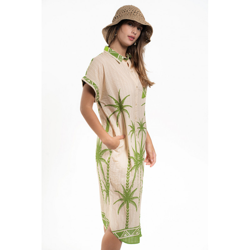 COTTON TUNIC WITH GEOMETRIC & PALM TREES PATTERN