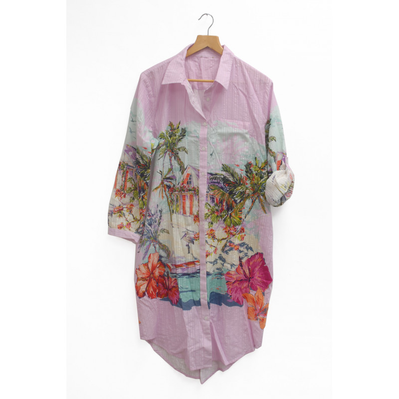 COTTON TUNIC WITH LANDSCAPE & PALM TREES PATTERN,