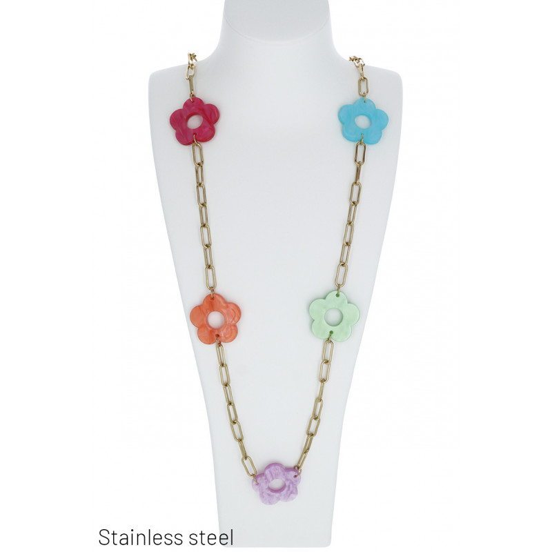 COLLIER ACIER LONG AVEC PENDENTIF FLEURS