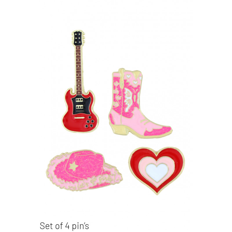 SET OF 4 PINS WITH BOOT, HAT, GUITAR, HEART