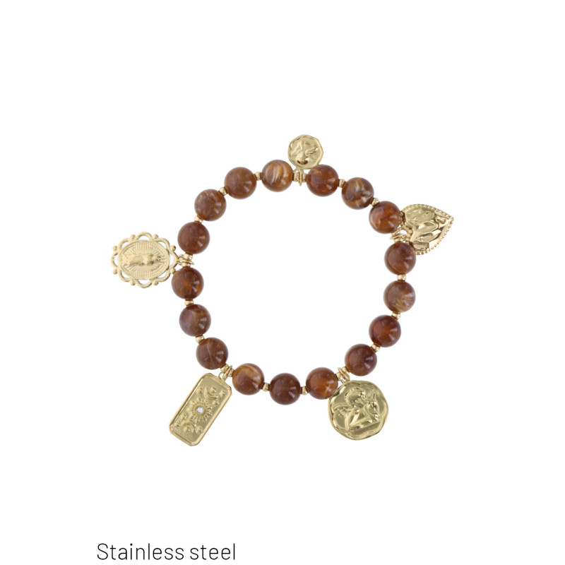 PULSERA GOMA CON PERLAS DE RESINA Y CHARMS ACERO