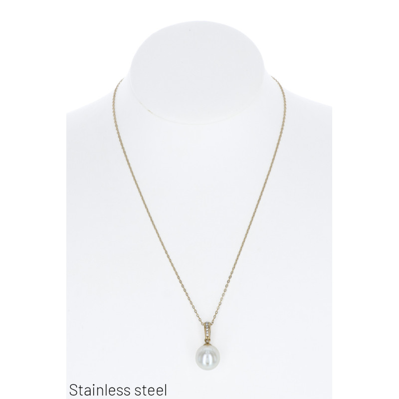 COLLAR EN ACERO CON COLGANTE PERLA & ESTRAS
