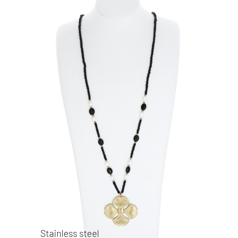 COLLIER ACIER LONG AVEC PIERRES ET PENDANTIF