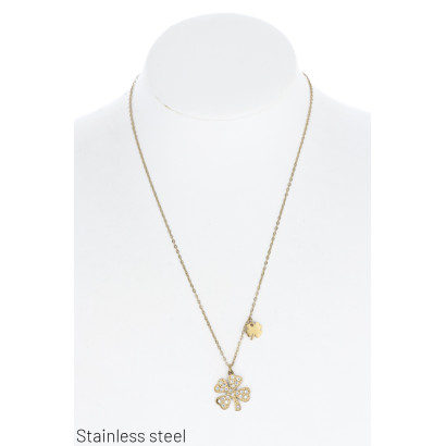 COLLAR EN ACERO CON TRÉBOL DE CUATRO HOJAS, ESTRAS
