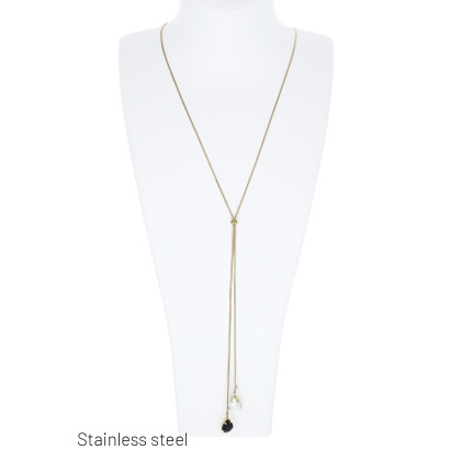 LANGE STALEN KETTING MET HANGER GEKLEURDE STENEN