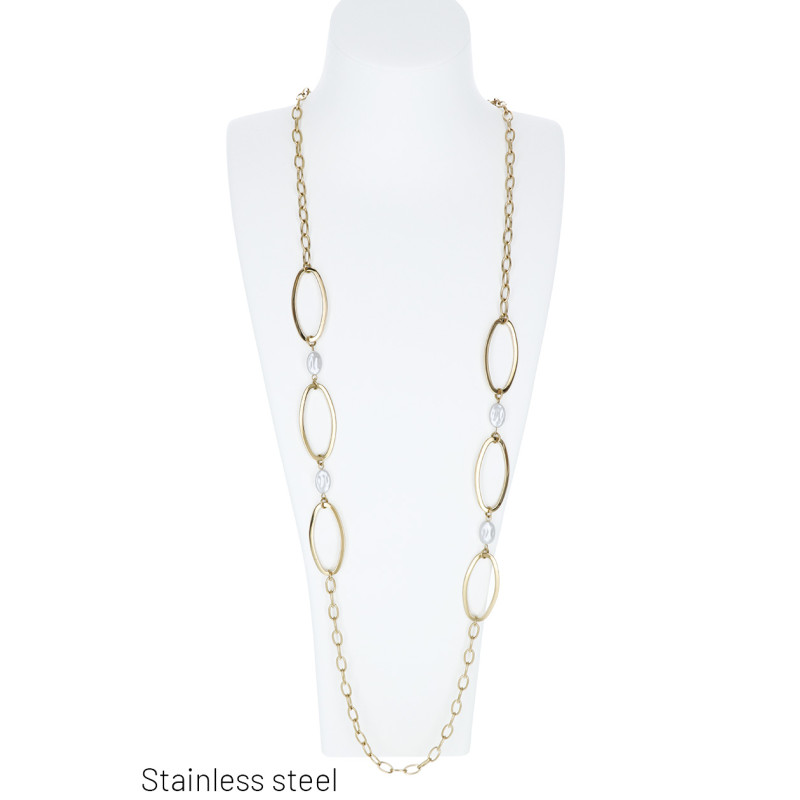 COLLIER ACIER LONG AVEC LIENS OVALES ET PERLES