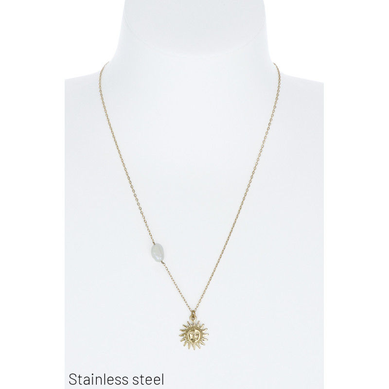 COLLAR EN ACERO CON COLGANTE SOLE Y PERLA