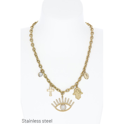 COLLAR EN ACERO CON  COLGANTE CHARM Y ESTRAS