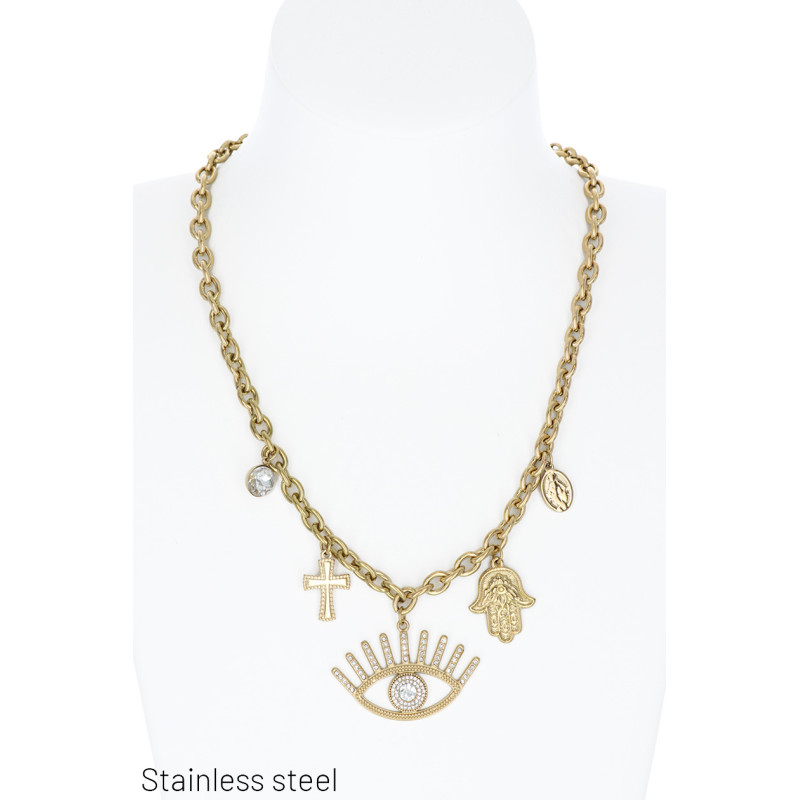 COLLAR EN ACERO CON  COLGANTE CHARM Y ESTRAS