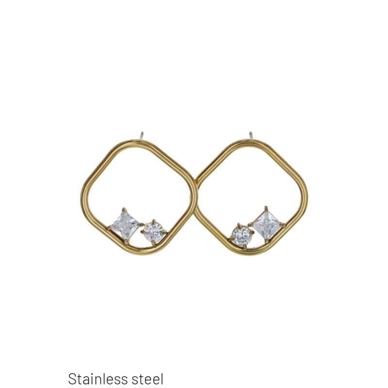 BOUCLE D'OREILLE CARREE EN ACIER AVEC CRISTAL