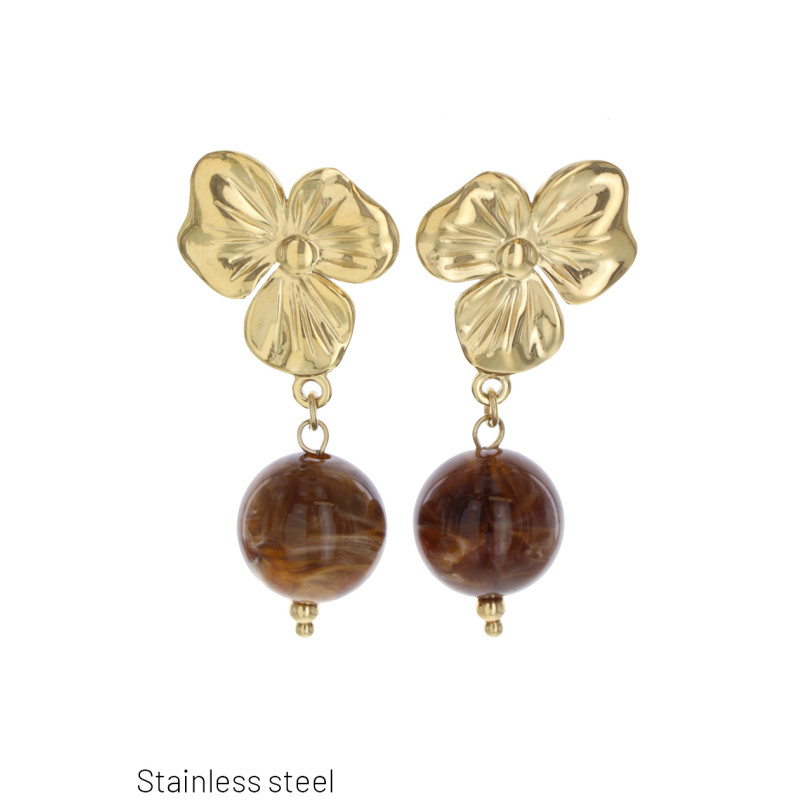 STEEL EARRING FLOWER SHAPE WITH BEADS MARBLE EFFEC