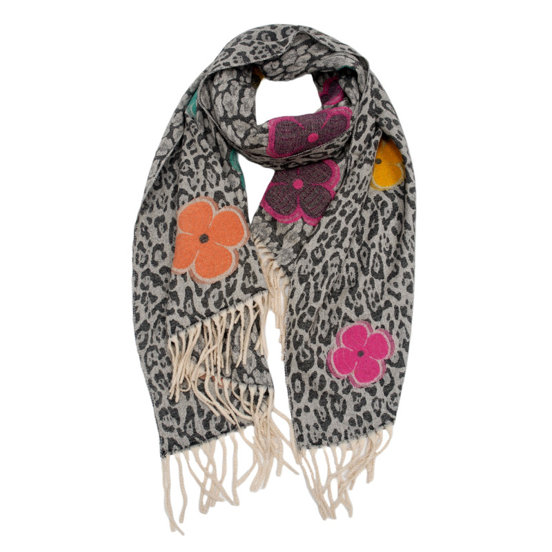 CHARPE TISSE IMPRIME FLEURS AVEC FRANGES