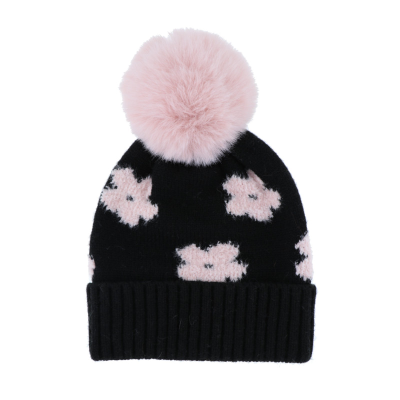 GORRO  DE PUNTO PARA NIÑO CON POMPONES Y FLORES