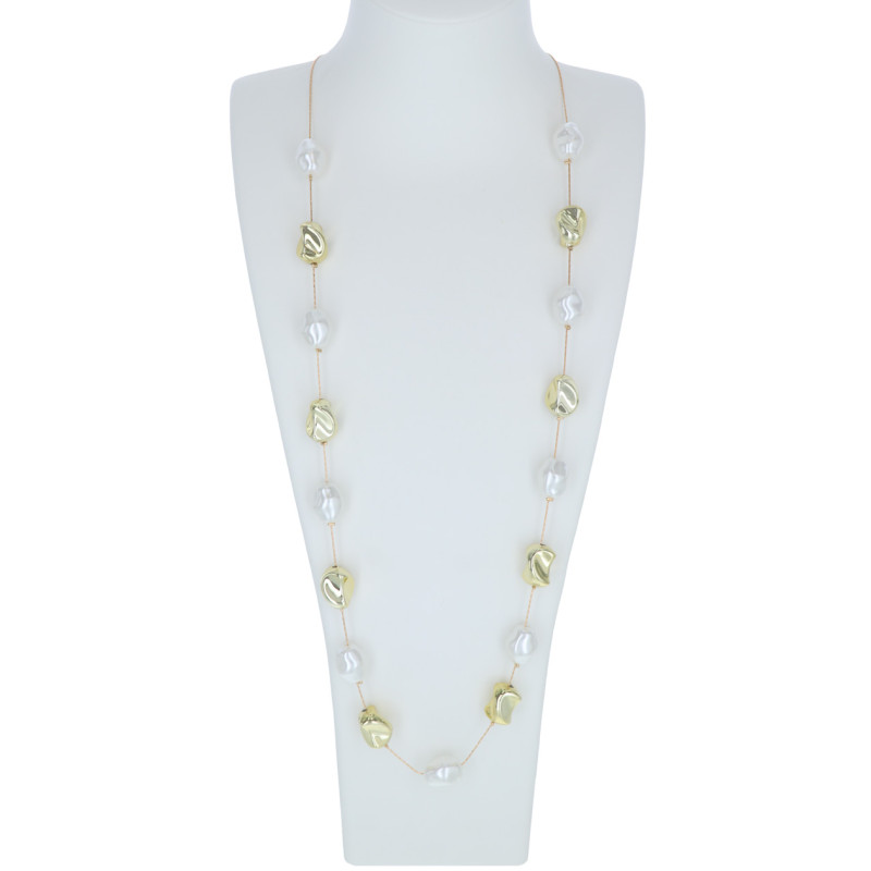 LONG NECKLACE WITH METAL BEADS & PEARLS