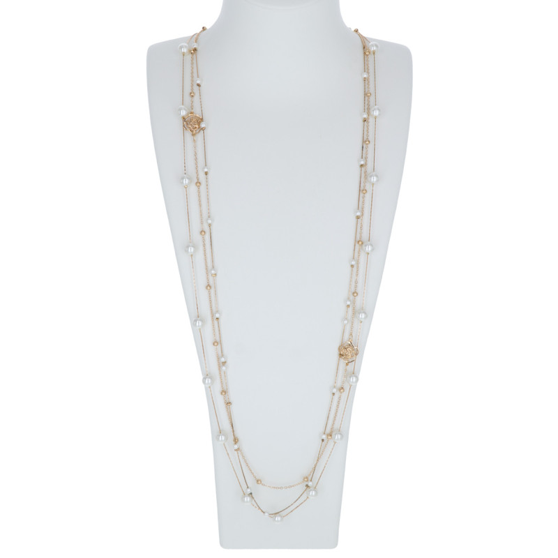 LONG NECKLACE 3 ROWS WITH PEARLS AND FLOWERS