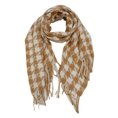ECHARPE TISSE MOTIF PIED DE POULE ET FRANGES