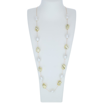 LONG NECKLACE WITH METAL BEADS & PEARLS