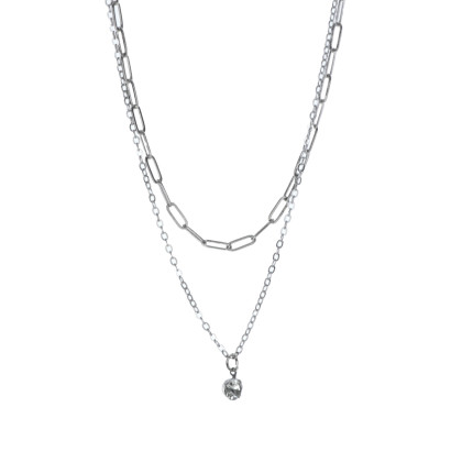 COLLIER 2 RANGS À MAILLONS & PENDENTIF STRASS