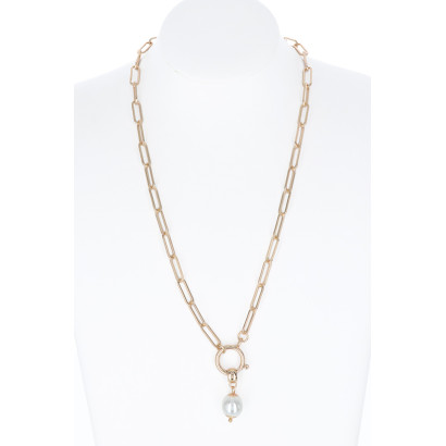 LINK NECKLACE WITH FRONT CLOSURE & PEARL PENDANT