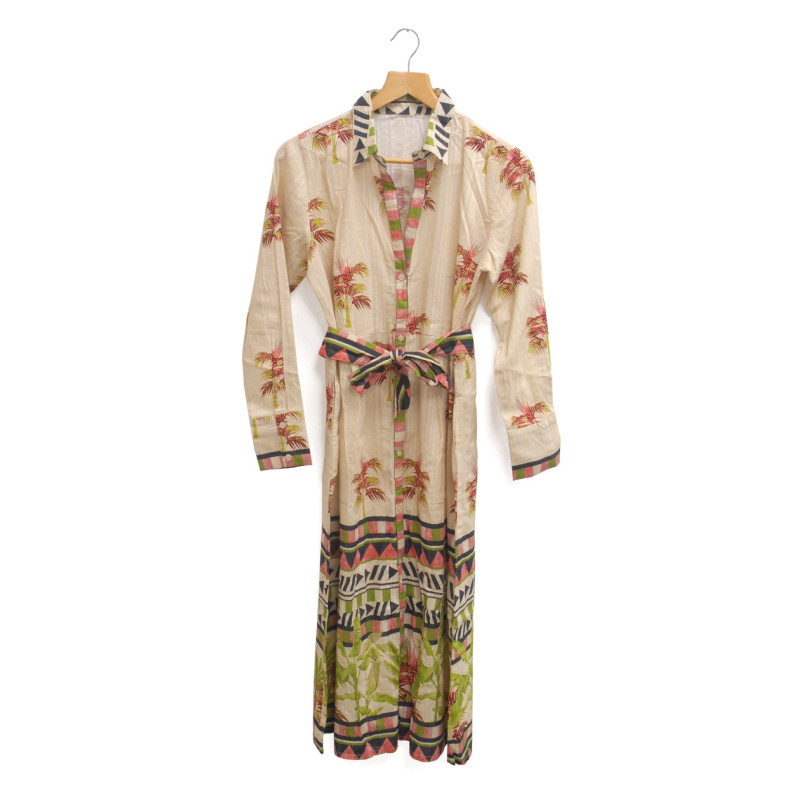 COTTON DRESS WITH GEOMETRIC & PALM TREES PATTERN