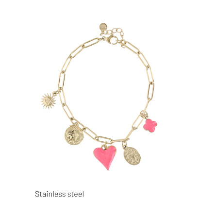 PULSERA ENLACE ACERO CON CORAZÓN, ESTRELLA, FLORE