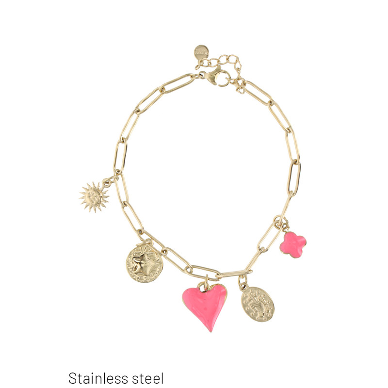 PULSERA ENLACE ACERO CON CORAZÓN, ESTRELLA, FLORE