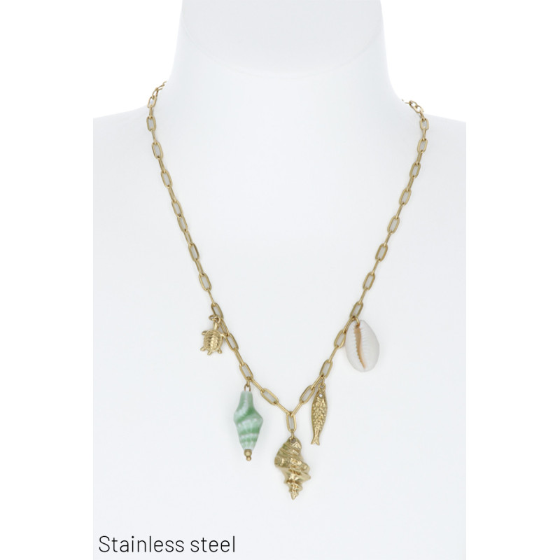 COLLIER EN ACIER AVEC COQUILLAGES, POISSONS