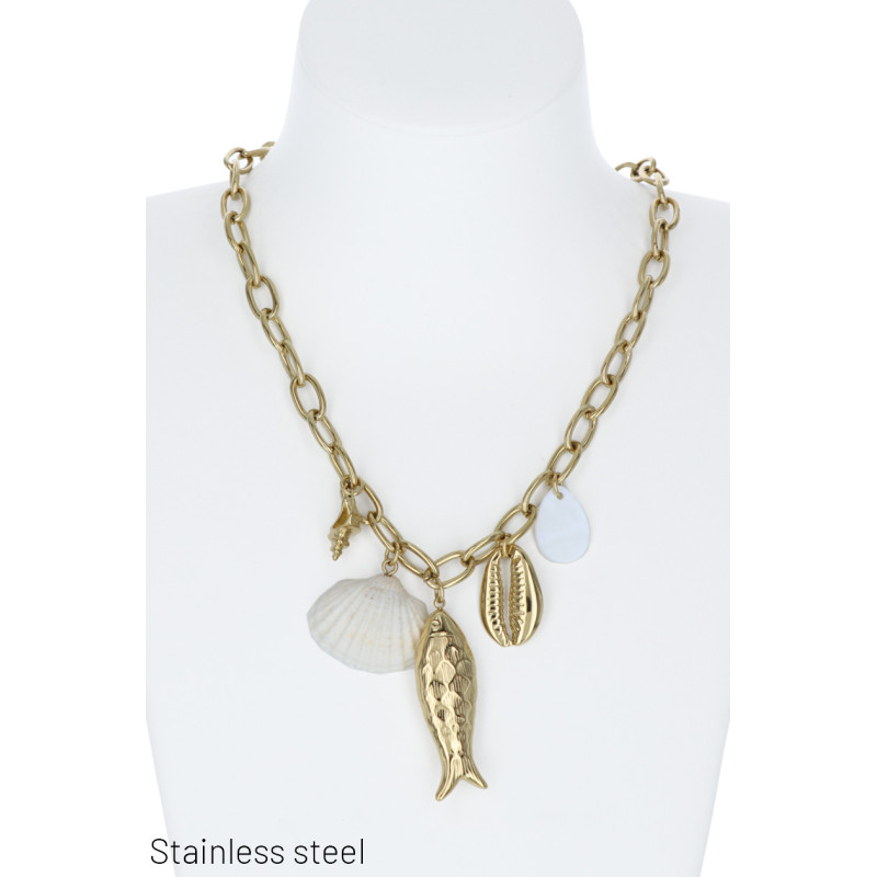 COLLIER EN ACIER AVEC COQUILLAGES, POISSONS