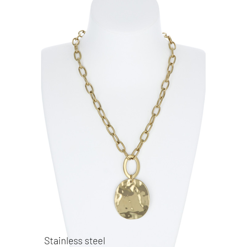 LINK NECKLACE WITH HAMMERED ROUND STL.ST PENDANT