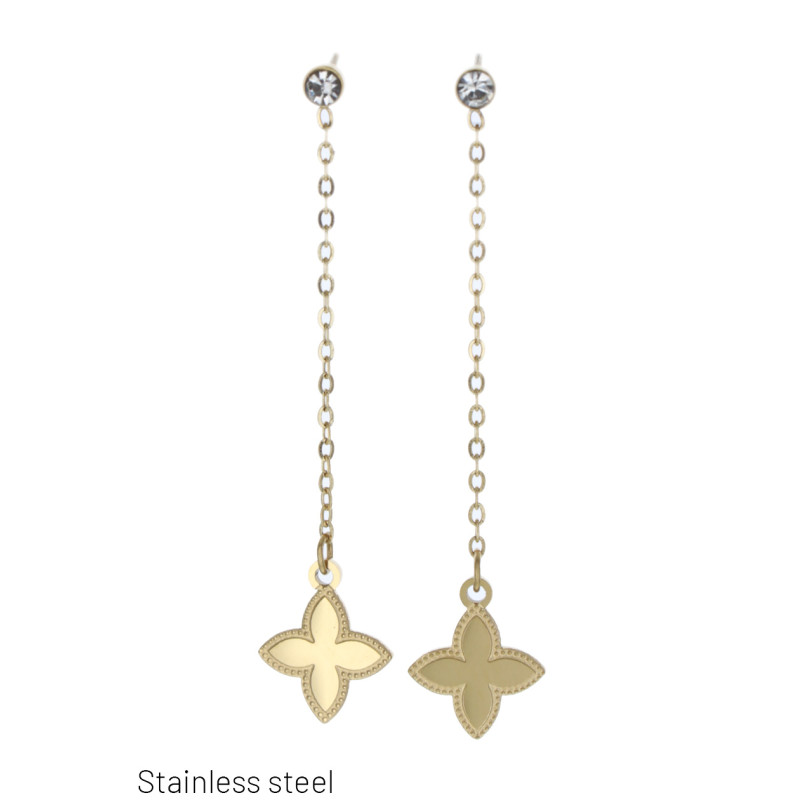 PENDIENTES ACERO FLECOS EN CADENA, FLORES